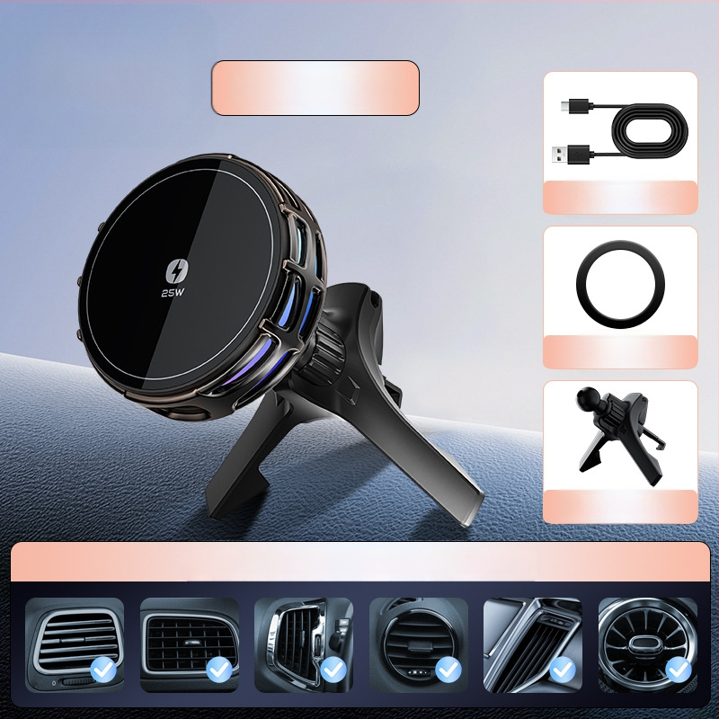 Auto držač za telefon s bežičnim punjenjem, dvostruki magnetski, sklopivi zaslon, 25W, kompatibilan s navigacijom