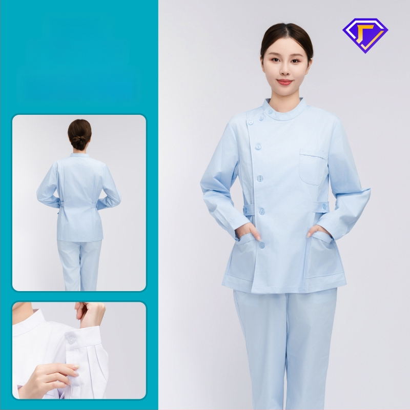 Māsu uniformes komplekts ar lellītes apkakli, garas piedurknes, kokvilnas–spandeksa audums, mitrumu vadīšana