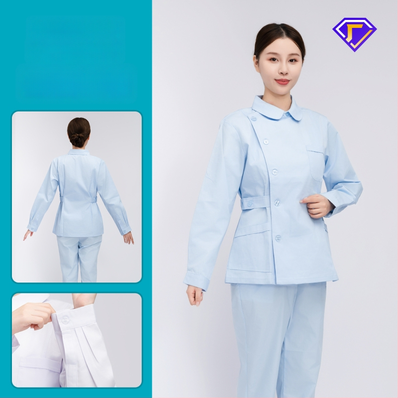 Māsu uniformes komplekts ar lellītes apkakli, garas piedurknes, kokvilnas–spandeksa audums, mitrumu vadīšana