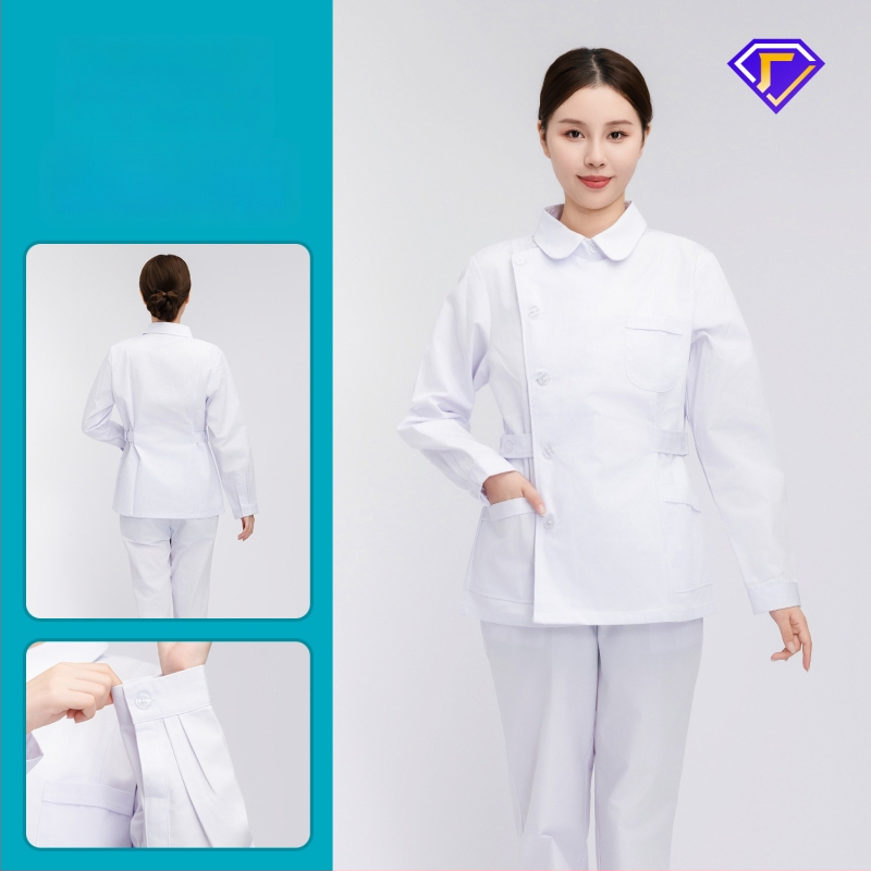 Māsu uniformes komplekts ar lellītes apkakli, garas piedurknes, kokvilnas–spandeksa audums, mitrumu vadīšana