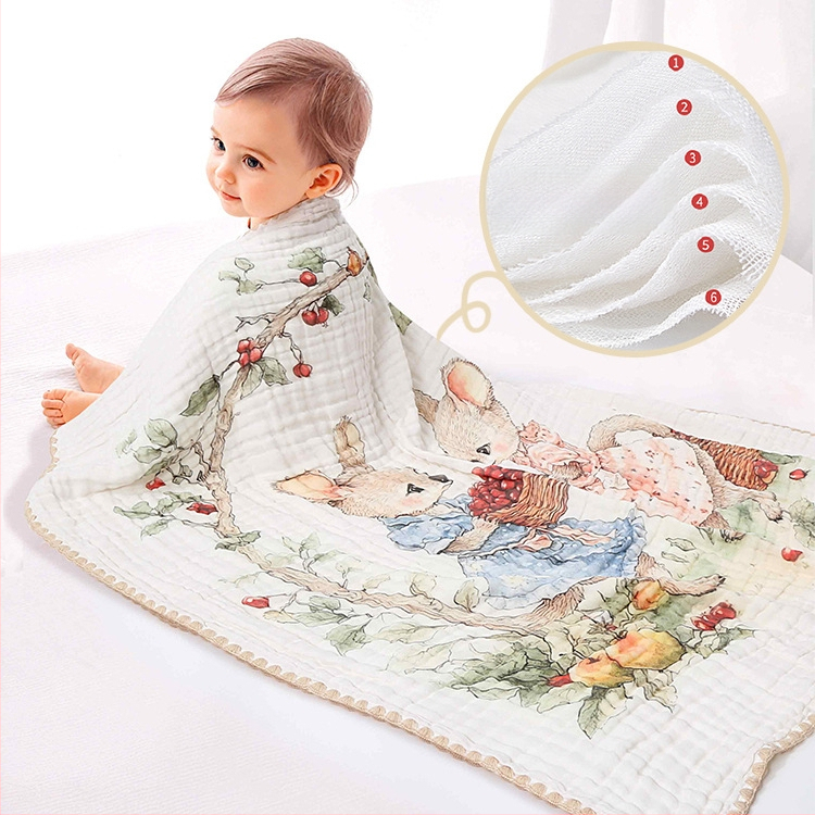 Bērnu marles vannas dvielis – 100% kokvilna, sešu slāņu absorpcija, svītrainais raksts, ātri žūst, zīdaiņiem