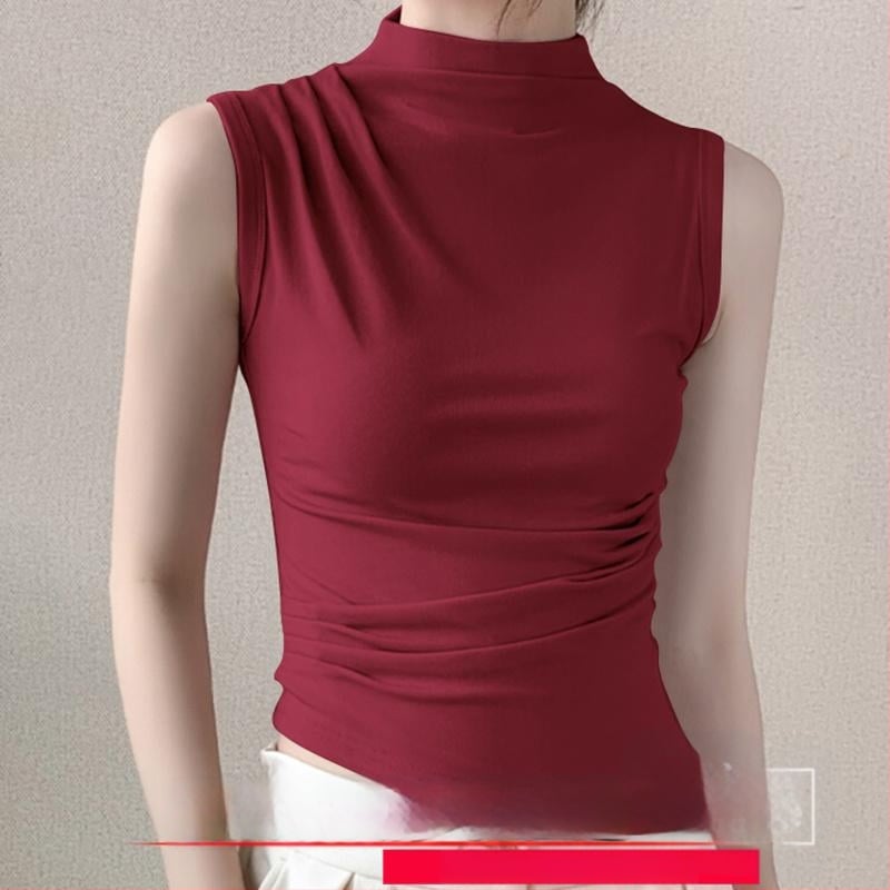 Sieviešu ribots tops ar stāvošu apkakli, šaurs piegriezums, akrila šķiedra, pavasaris 2025