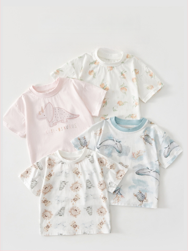 Bērnu T-krekls, 100% kokvilna, īsās piedurknes, apaļš kakls, dzīvnieku raksts