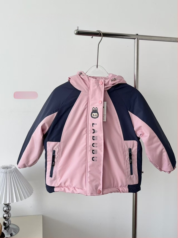 Ziemas jaka meitenēm ar kapuci, bieza flisa odere, ārējā materiāla trušu kažokāds, korejiešu stilā krāsu bloku dizains, ūdensizturīga un pret vēju, piemērota vecumam 7–12 gadiem