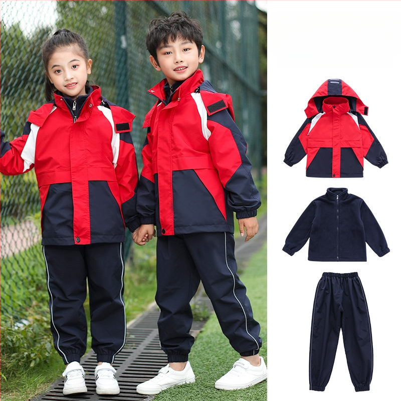 Trīsdaļīgs skolas uniformas komplekts rudens-ziemas sezonai, sporta stila, universāls bērniem no 8 gadu vecuma, rāvējslēdzēja aizdare ar noņemamu kapuci