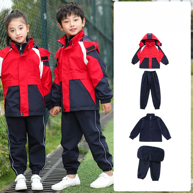 Trīsdaļīgs skolas uniformas komplekts rudens-ziemas sezonai, sporta stila, universāls bērniem no 8 gadu vecuma, rāvējslēdzēja aizdare ar noņemamu kapuci