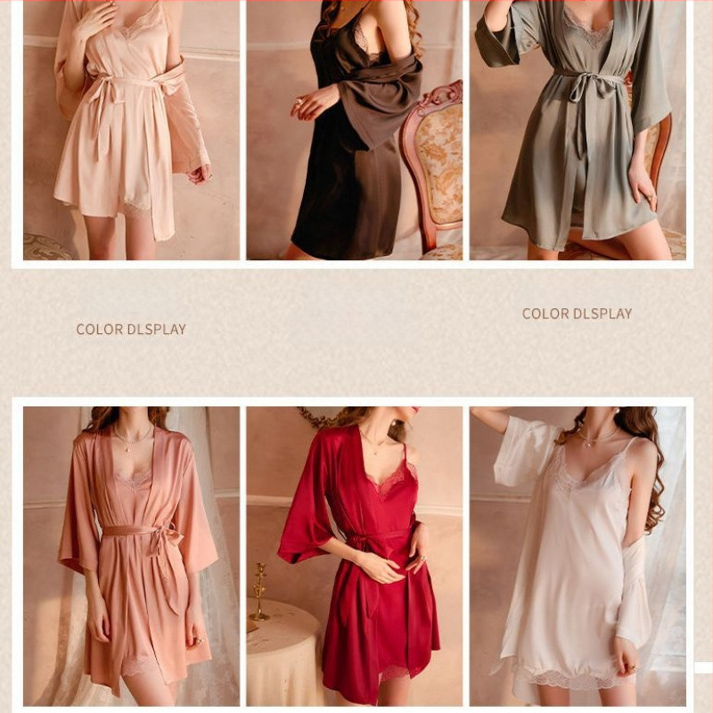 Комплект дантелена нощница, V-образно деколте, без ръкави, средна дължина, 95–100% найлон