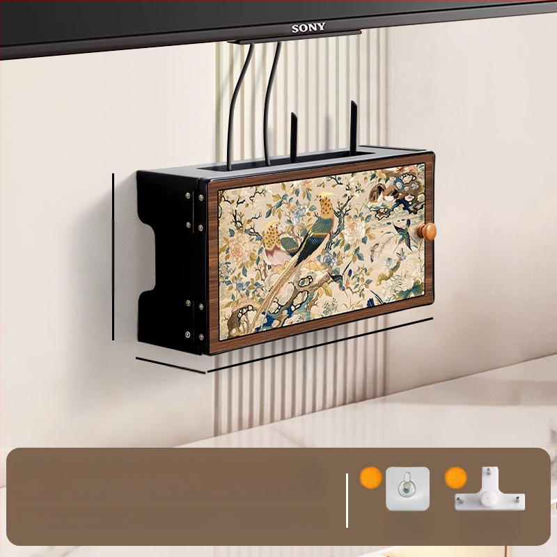 Sienas uzstādājamais bezvadu maršrutētāja uzglabāšanas kastīte ar ziedu un putnu dekoru, uzstādīšana bez urbšanas, slēgtais kabelu skapis, 6 nodalījumi