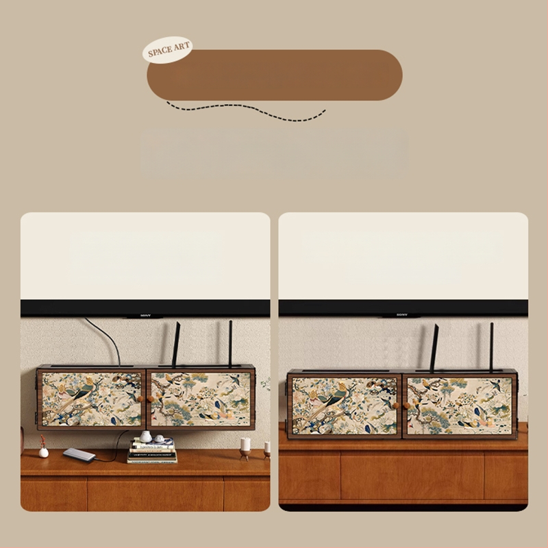 Sienas uzstādājamais bezvadu maršrutētāja uzglabāšanas kastīte ar ziedu un putnu dekoru, uzstādīšana bez urbšanas, slēgtais kabelu skapis, 6 nodalījumi