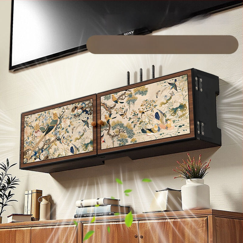 Sienas uzstādājamais bezvadu maršrutētāja uzglabāšanas kastīte ar ziedu un putnu dekoru, uzstādīšana bez urbšanas, slēgtais kabelu skapis, 6 nodalījumi