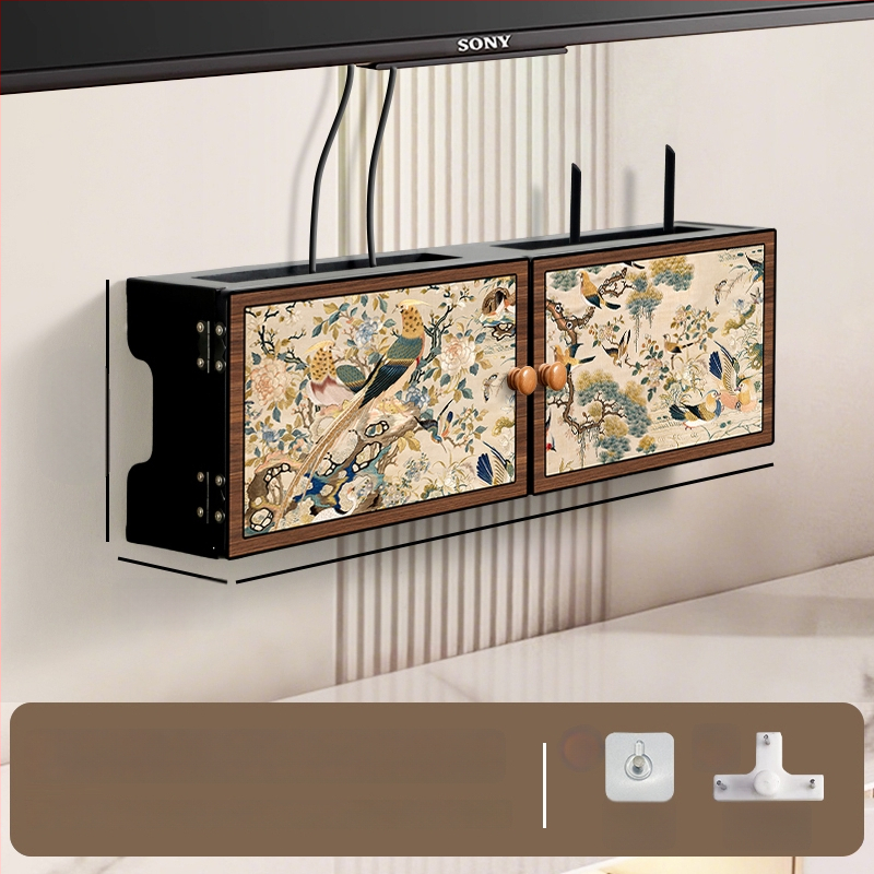 Sienas uzstādājamais bezvadu maršrutētāja uzglabāšanas kastīte ar ziedu un putnu dekoru, uzstādīšana bez urbšanas, slēgtais kabelu skapis, 6 nodalījumi
