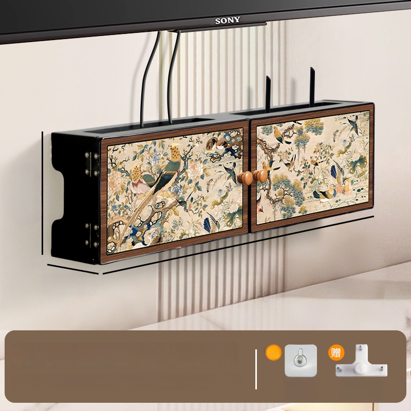 Sienas uzstādājamais bezvadu maršrutētāja uzglabāšanas kastīte ar ziedu un putnu dekoru, uzstādīšana bez urbšanas, slēgtais kabelu skapis, 6 nodalījumi