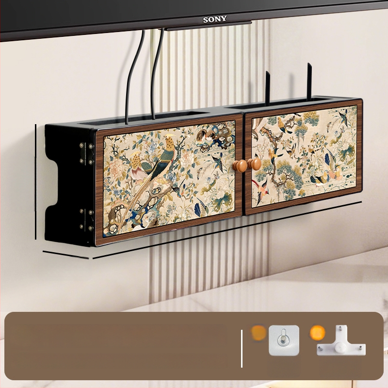 Sienas uzstādājamais bezvadu maršrutētāja uzglabāšanas kastīte ar ziedu un putnu dekoru, uzstādīšana bez urbšanas, slēgtais kabelu skapis, 6 nodalījumi