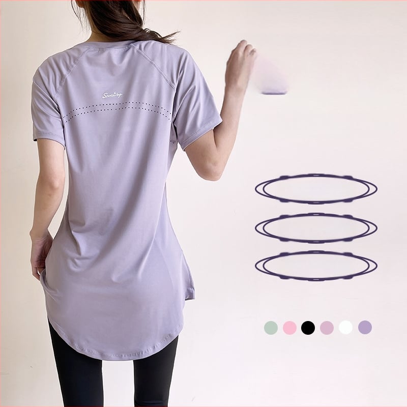Женска спортна тениска с къс ръкав, средна дължина, покриваща ханша, дишаща и бързосъхнеща полиестерова материя (86% полиестер, 14% спандекс), за йога, упражнения и спорт