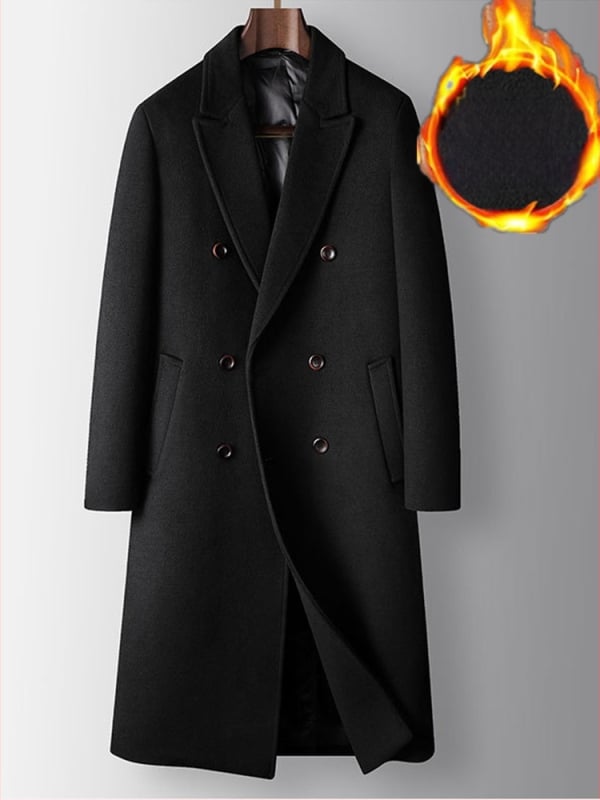 Garš vīriešu vilnas mētelis – dubultā aizdare, noņemama pūkaina oderes, brīvs siluets, žaketes stila apkakle (Blīva vilnas audums; Vilnas pamata audums; Noņemama pūka oderes; Brīvs siluets; Žaketes apkakle)