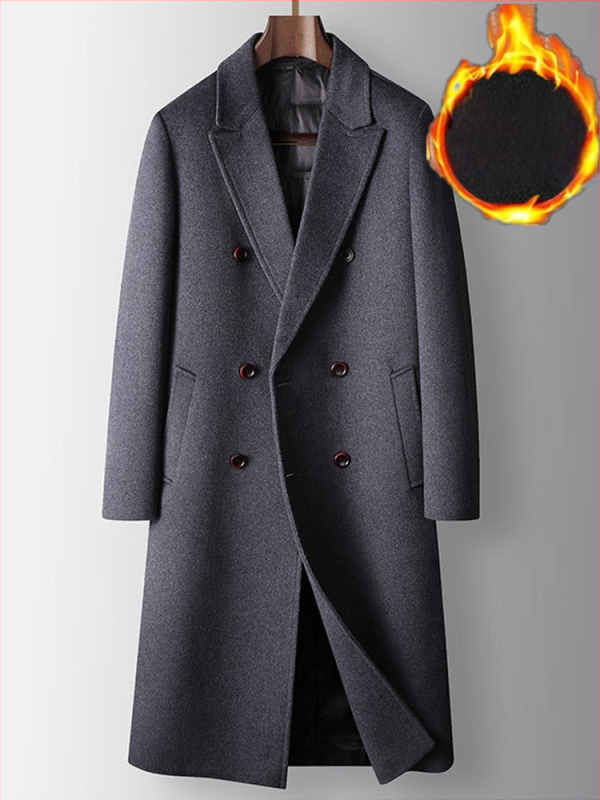 Garš vīriešu vilnas mētelis – dubultā aizdare, noņemama pūkaina oderes, brīvs siluets, žaketes stila apkakle (Blīva vilnas audums; Vilnas pamata audums; Noņemama pūka oderes; Brīvs siluets; Žaketes apkakle)