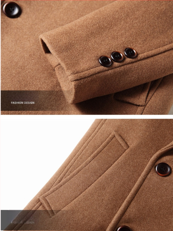 Garš vīriešu vilnas mētelis – dubultā aizdare, noņemama pūkaina oderes, brīvs siluets, žaketes stila apkakle (Blīva vilnas audums; Vilnas pamata audums; Noņemama pūka oderes; Brīvs siluets; Žaketes apkakle)