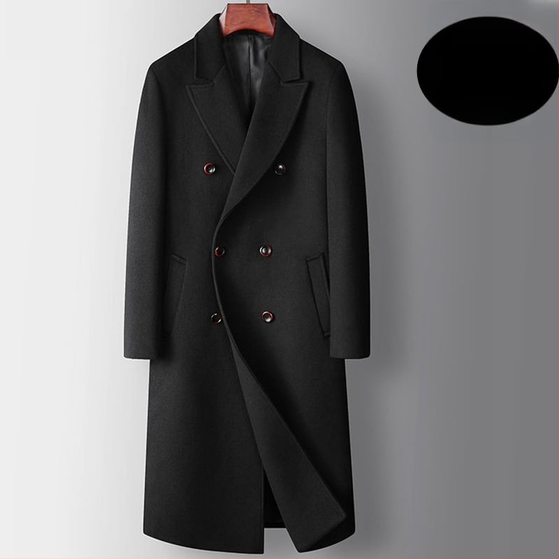 Garš vīriešu vilnas mētelis – dubultā aizdare, noņemama pūkaina oderes, brīvs siluets, žaketes stila apkakle (Blīva vilnas audums; Vilnas pamata audums; Noņemama pūka oderes; Brīvs siluets; Žaketes apkakle)