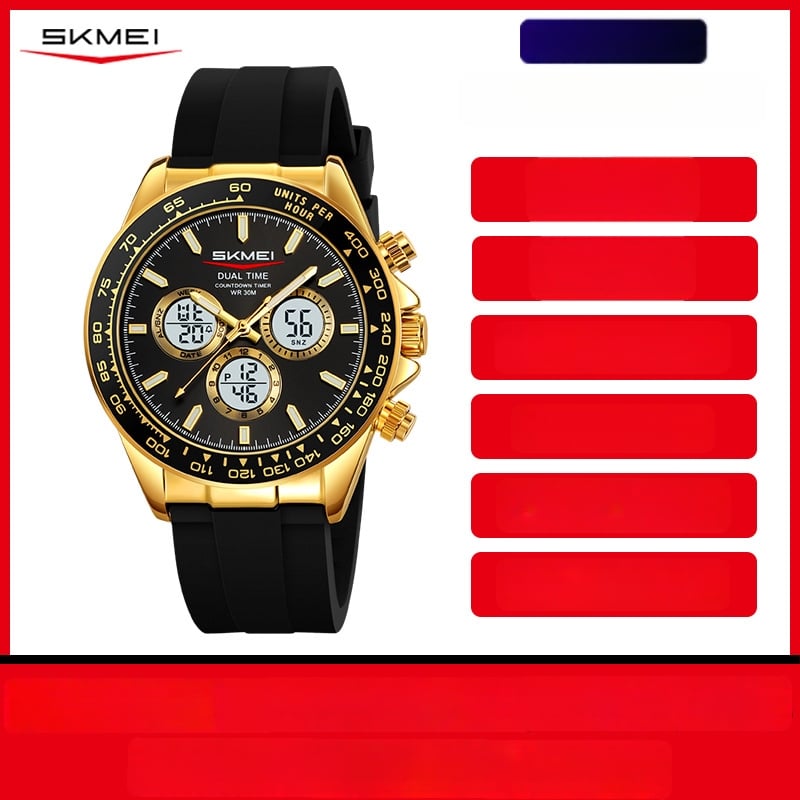 Skmei vyriškas daugiakomponentinis elektroninis laikrodis – dviejų laikų, chronometras, data ir žadintuvas — analog-digital ekranas, dirželis iš nerūdijančio plieno/silikono, atsparus vandeniui 30M