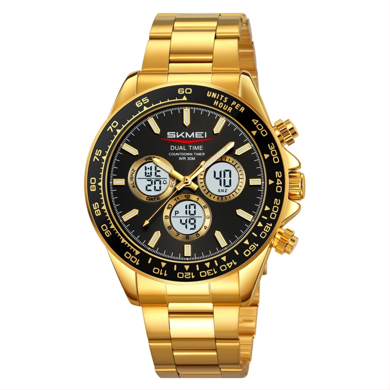 Skmei vyriškas daugiakomponentinis elektroninis laikrodis – dviejų laikų, chronometras, data ir žadintuvas — analog-digital ekranas, dirželis iš nerūdijančio plieno/silikono, atsparus vandeniui 30M