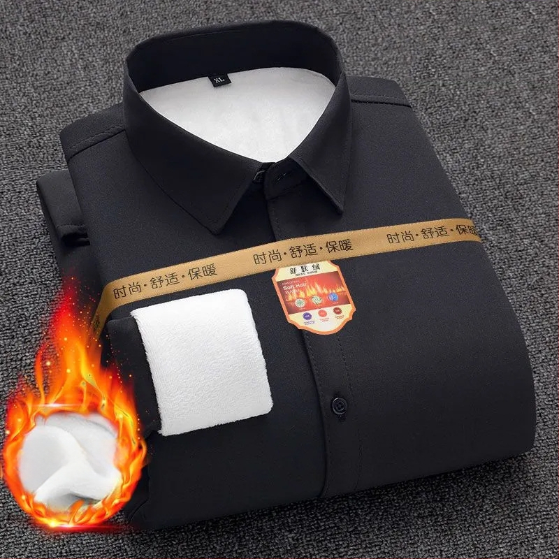 Vyrų Slim-Fit marškiniai su fleece įdėklu žiemai – ilgomis rankovėmis, plačiai kampinė apykaklė, blokinis raštas, poliesterio mišinio