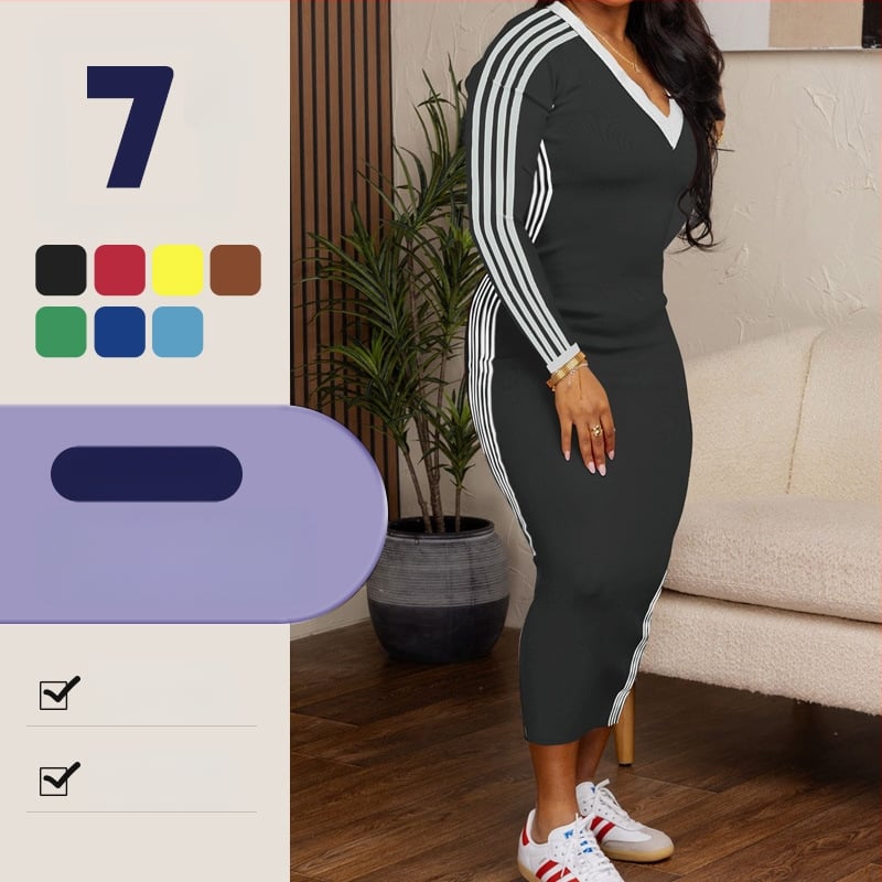 33107 Moteriška liesa suknelė su V formos iškirpte, ilgos rankovės, dryžių raštas, poliesteris