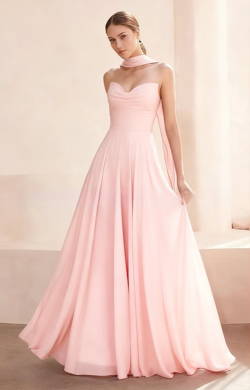 Õhtukleit ilma õlarihmadeta, pikk A-liini siluett, kõrge talje, polüestri segu pulmakleit