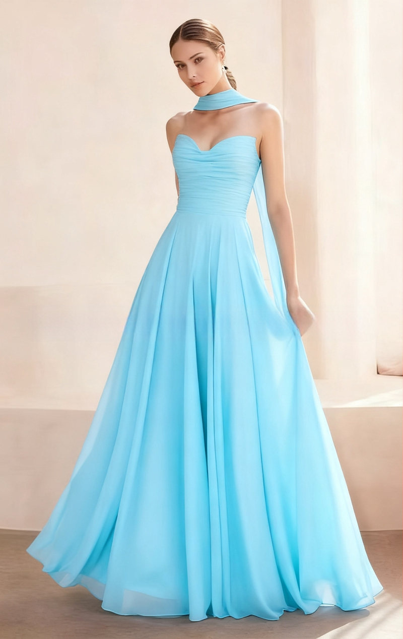 Õhtukleit ilma õlarihmadeta, pikk A-liini siluett, kõrge talje, polüestri segu pulmakleit