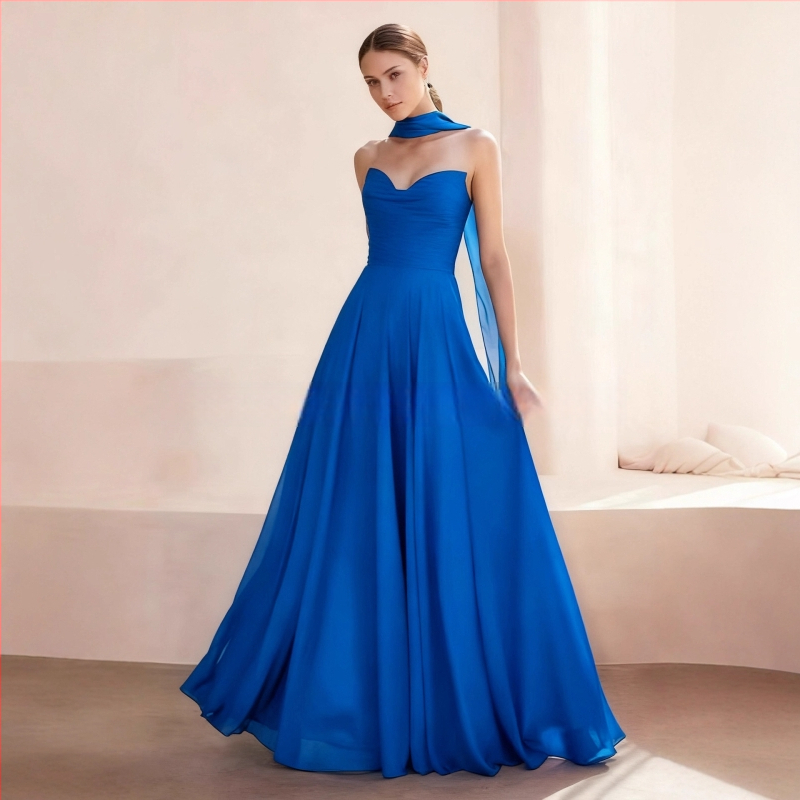 Õhtukleit ilma õlarihmadeta, pikk A-liini siluett, kõrge talje, polüestri segu pulmakleit