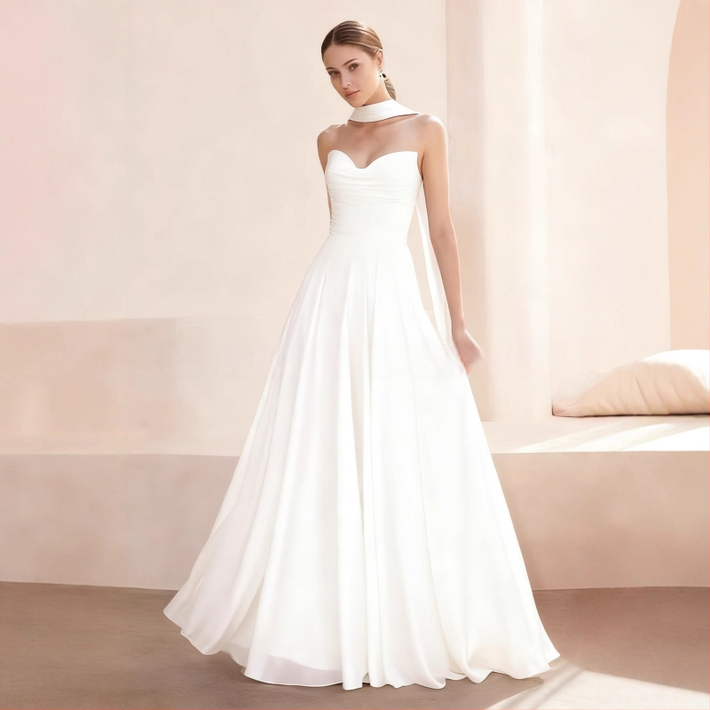 Õhtukleit ilma õlarihmadeta, pikk A-liini siluett, kõrge talje, polüestri segu pulmakleit