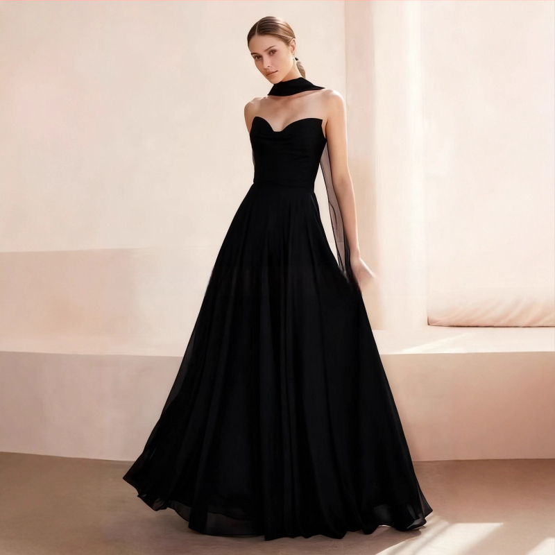 Õhtukleit ilma õlarihmadeta, pikk A-liini siluett, kõrge talje, polüestri segu pulmakleit