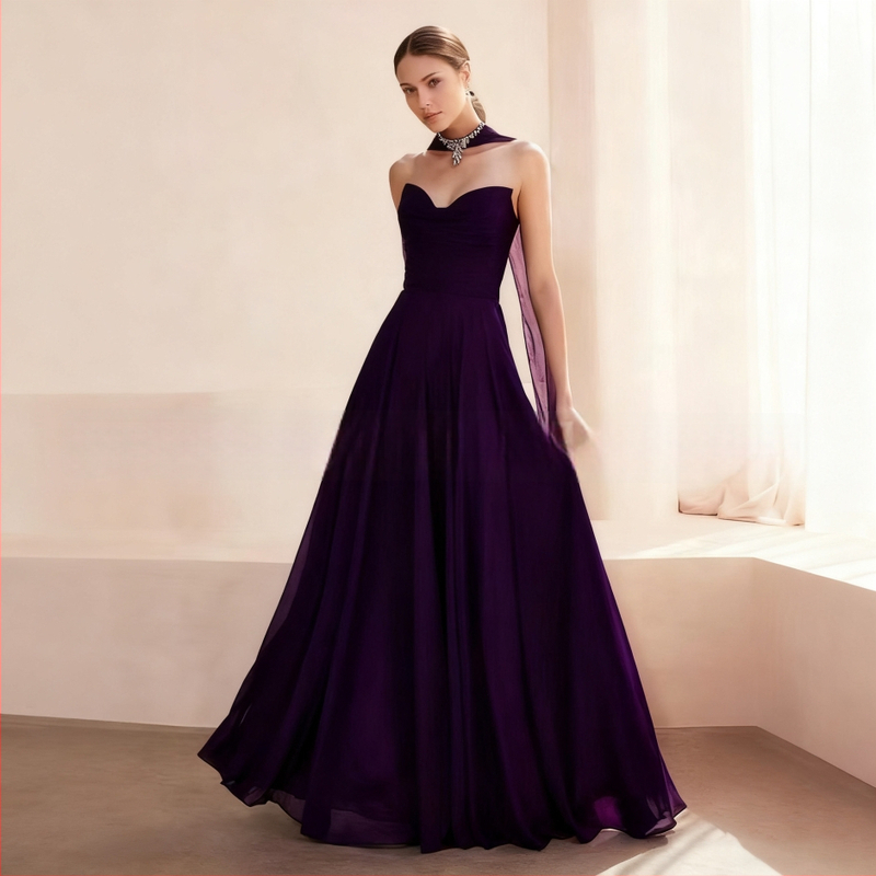 Õhtukleit ilma õlarihmadeta, pikk A-liini siluett, kõrge talje, polüestri segu pulmakleit