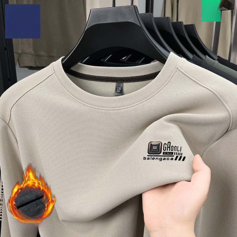 Meeste pikkade varrukatega T-särk fleecevoodriga, ringikujuline kaelus, puuvilla-poliester segu, kevad 2025