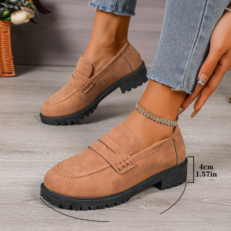 Sieviešu velūra slip-on loaferi ar apaļu purnu, biezu papēdi, gumijas zole