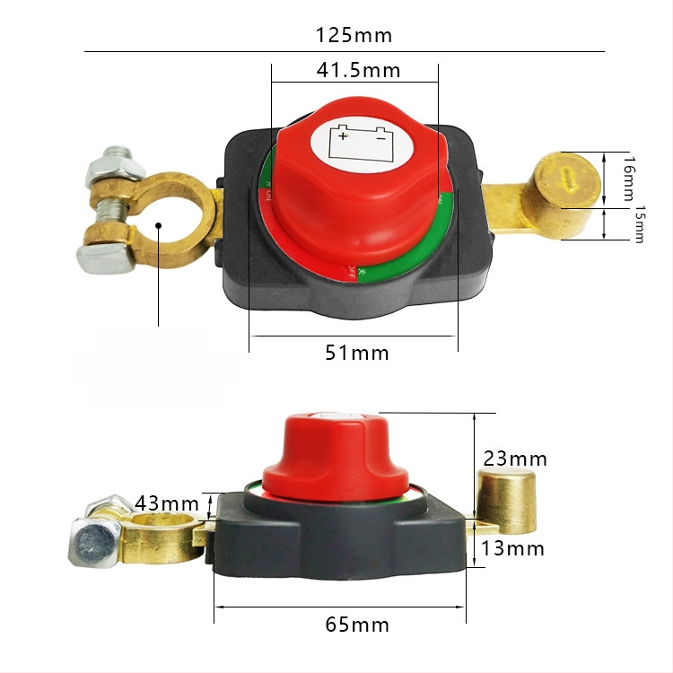 Automašīnas akumulatora pozitīvā pola pagarinājuma kabelis ar augstas strāvas galveno naža tipa slēdzi, 125 mm