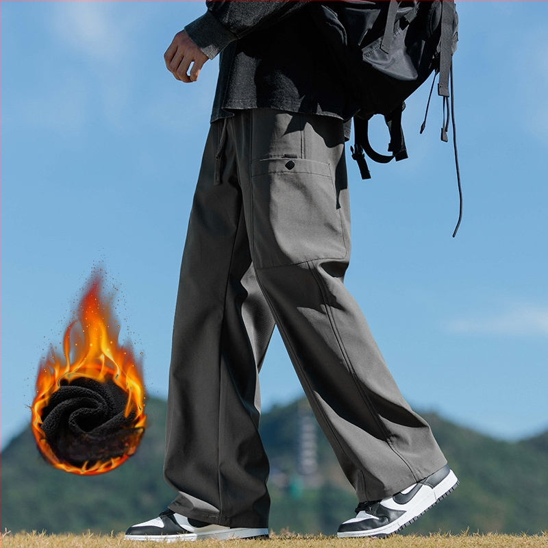 Meeste cargo püksid fleece-vooderdusega, sirge lõige, keskmine vöökoht, nooruslik linnal stiil, pikad püksid