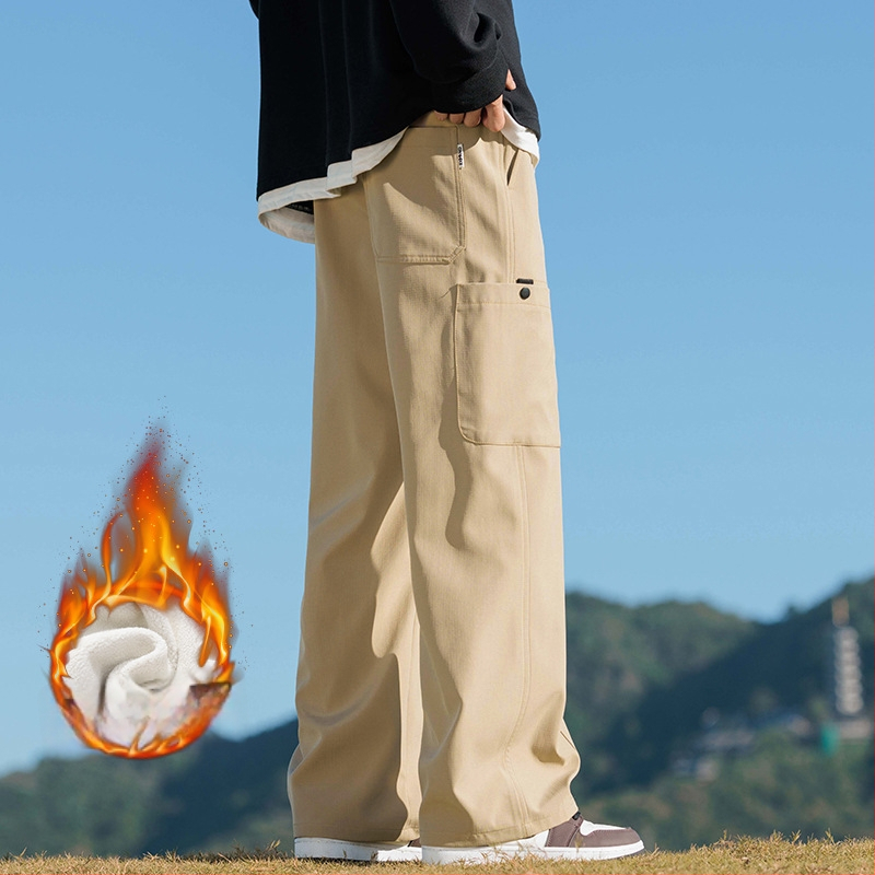 Meeste cargo püksid fleece-vooderdusega, sirge lõige, keskmine vöökoht, nooruslik linnal stiil, pikad püksid