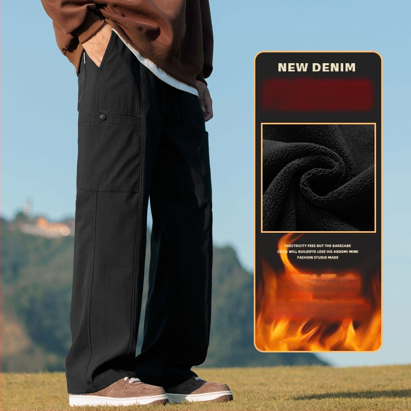 Meeste cargo püksid fleece-vooderdusega, sirge lõige, keskmine vöökoht, nooruslik linnal stiil, pikad püksid