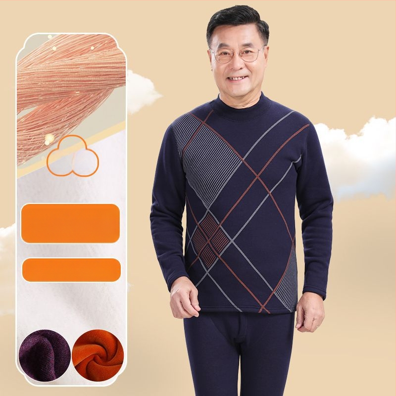 Terminių apatinių komplektas vyresniems vyrams, storas fliso poliesterio audinys, viršutinė dalis su aukštu kaklu ir kelnės, žiemai