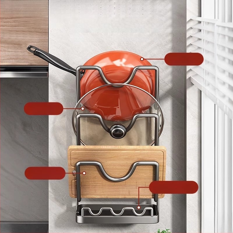 Seinale paigaldatav köögikorraldaja pannide kaante ja lõikelauale, ilma puurimata, süsinikterasest