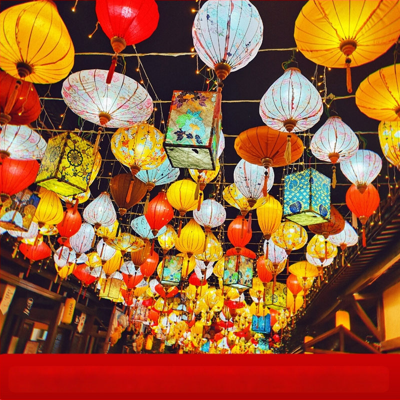 Āra lampions no zīda, antīks retro stils, neregulāra forma, izgaismojošs