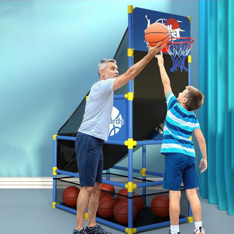 Παιδικό στηριγμα μπάσκετ με μηχανή προπόνησης σουτ, κατάλληλη για εξωτερικούς και εσωτερικούς χώρους, ρυθμιζόμενο ύψος, περιλαμβάνει στεφάνι, δίχτυ και πίνακα πίσω