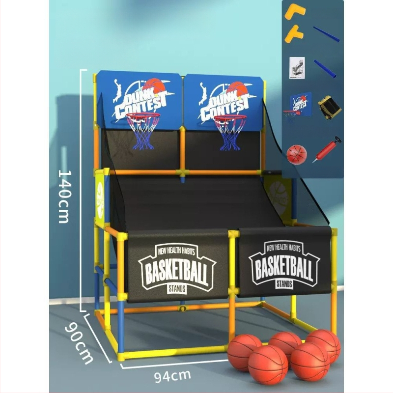 Παιδικό στηριγμα μπάσκετ με μηχανή προπόνησης σουτ, κατάλληλη για εξωτερικούς και εσωτερικούς χώρους, ρυθμιζόμενο ύψος, περιλαμβάνει στεφάνι, δίχτυ και πίνακα πίσω