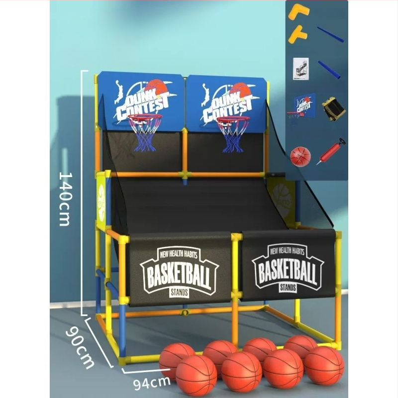 Παιδικό στηριγμα μπάσκετ με μηχανή προπόνησης σουτ, κατάλληλη για εξωτερικούς και εσωτερικούς χώρους, ρυθμιζόμενο ύψος, περιλαμβάνει στεφάνι, δίχτυ και πίνακα πίσω