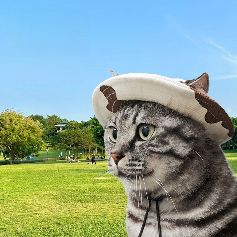 Saulės skrybėlė naminiams gyvūnėliams su ausų skylėmis — žvejo stilius, medvilnė, reljefas, pavasaris, laisvas