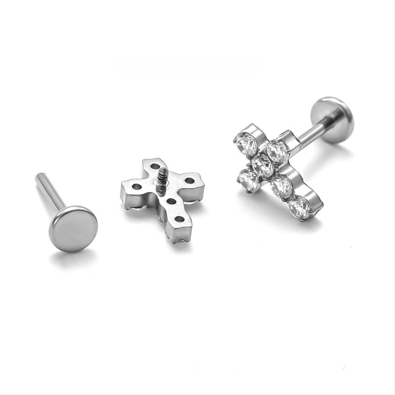 Kryžiaus formos auskarai iš titano lydinio, 5A cirkonio įklija, universalus dizainas, deimantinė apdaila