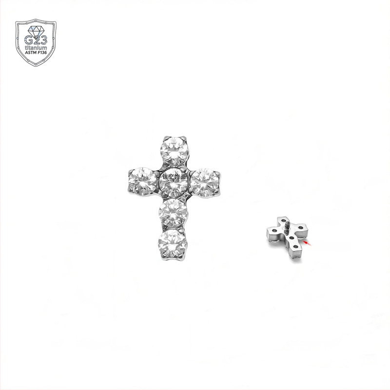 Kryžiaus formos auskarai iš titano lydinio, 5A cirkonio įklija, universalus dizainas, deimantinė apdaila