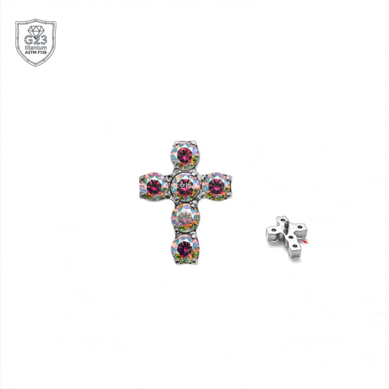 Kryžiaus formos auskarai iš titano lydinio, 5A cirkonio įklija, universalus dizainas, deimantinė apdaila