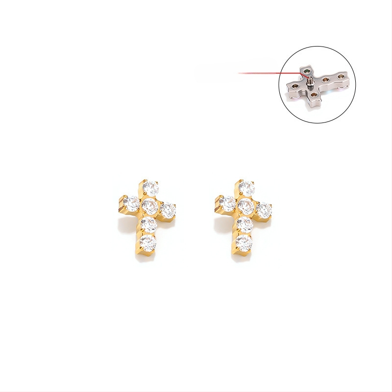 Kryžiaus formos auskarai iš titano lydinio, 5A cirkonio įklija, universalus dizainas, deimantinė apdaila