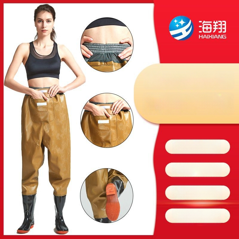 Vidukļa garuma PVC makšķerēšanas bikses ar 1 kabatu un integrētām lietus zābakiem, izturīgs adījuma audums, biezums 0,55–0,85 mm